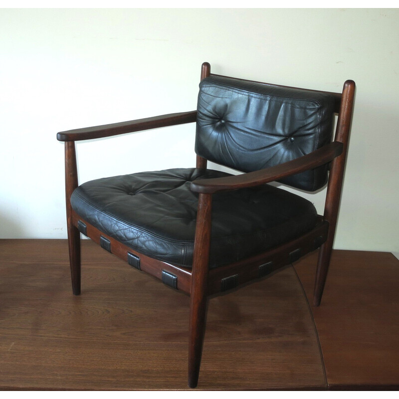 Leather and Teak Safari Lounge Chair Denmark 1960s