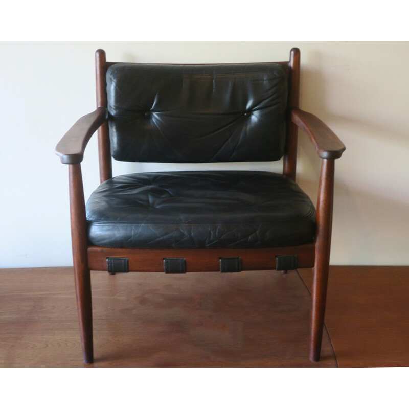 Leather and Teak Safari Lounge Chair Denmark 1960s