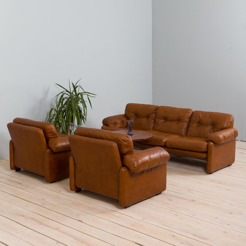 Pair of vintage Coronado armchairs in tan brown aniline leather by Tobia Scarpa for C and B Italia, 1960s