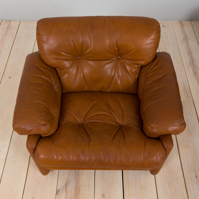 Pair of vintage Coronado armchairs in tan brown aniline leather by Tobia Scarpa for C and B Italia, 1960s