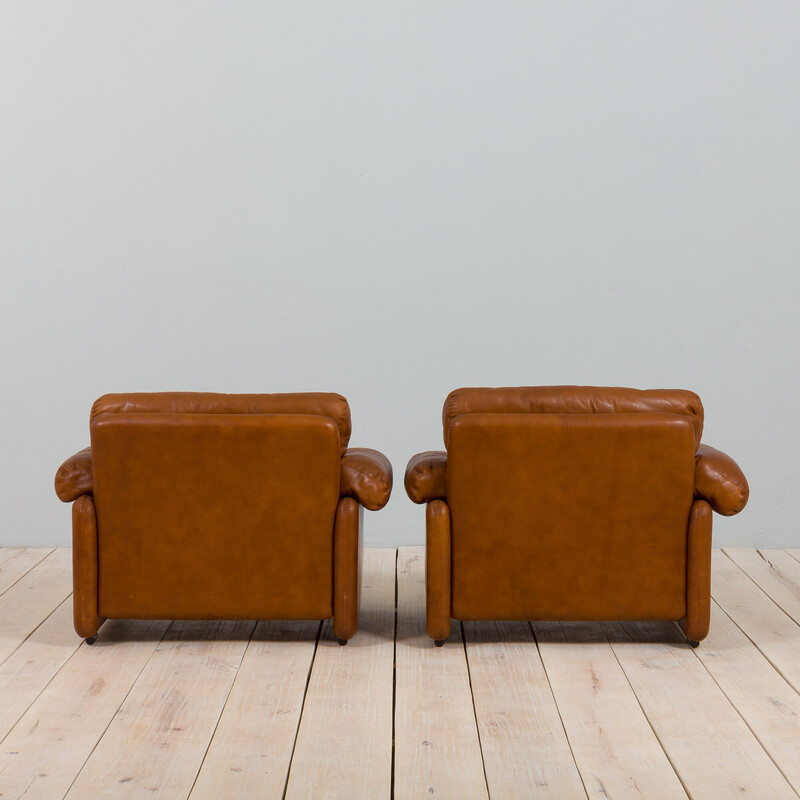 Pair of vintage Coronado armchairs in tan brown aniline leather by Tobia Scarpa for C and B Italia, 1960s