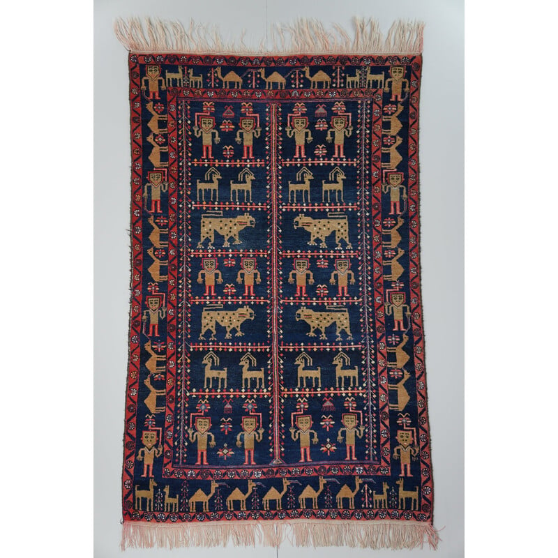 Tapis persan baluch noué à la main coloré vintage