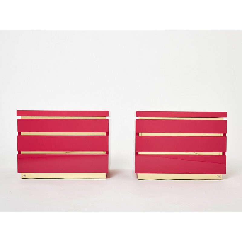 Pair of vintage night stands in pink lacquer and brass by Jean-Claude Mahey, 1970