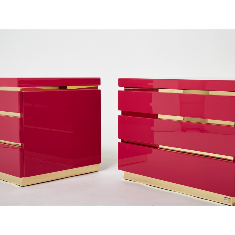 Pair of vintage night stands in pink lacquer and brass by Jean-Claude Mahey, 1970
