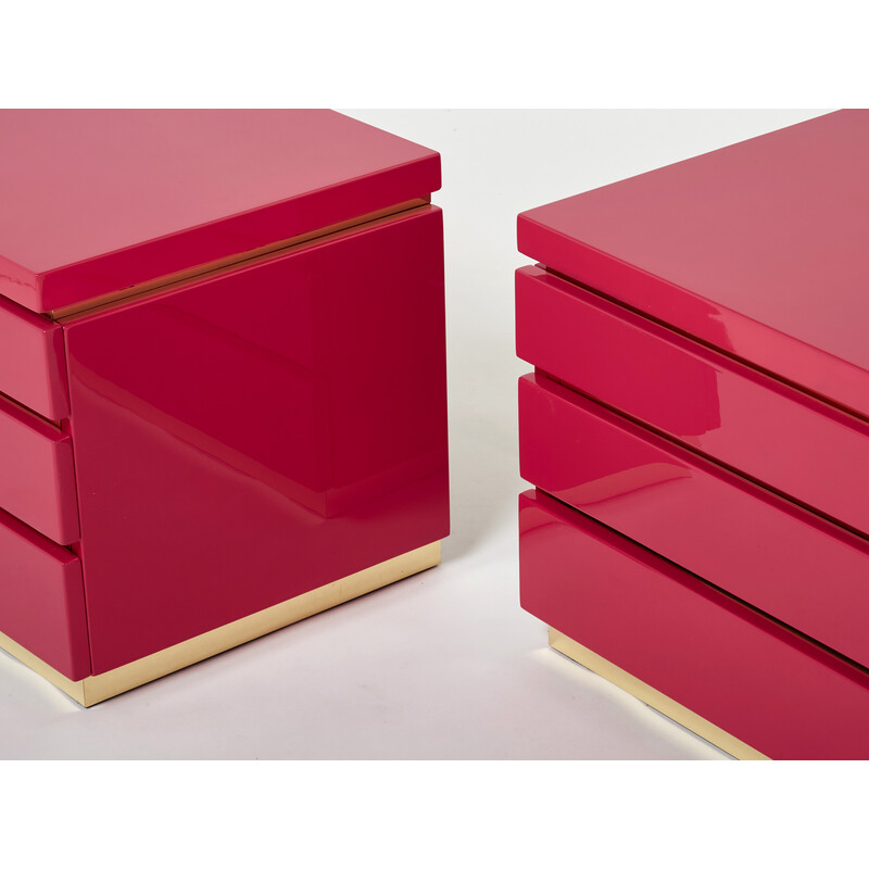 Pair of vintage night stands in pink lacquer and brass by Jean-Claude Mahey, 1970