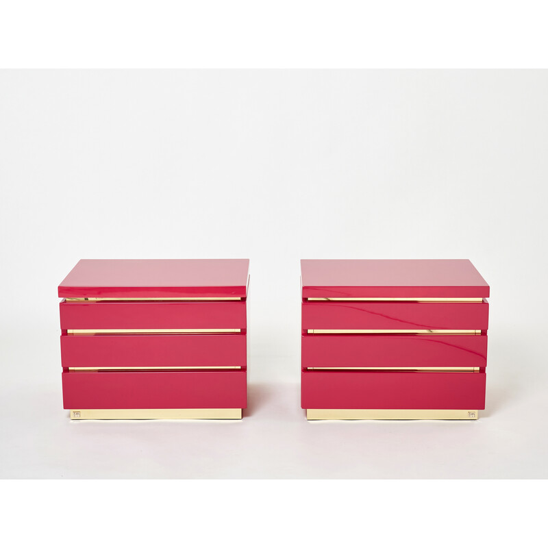 Pair of vintage night stands in pink lacquer and brass by Jean-Claude Mahey, 1970