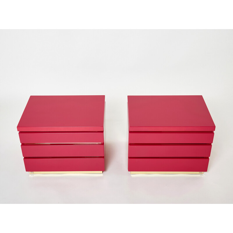 Pair of vintage night stands in pink lacquer and brass by Jean-Claude Mahey, 1970