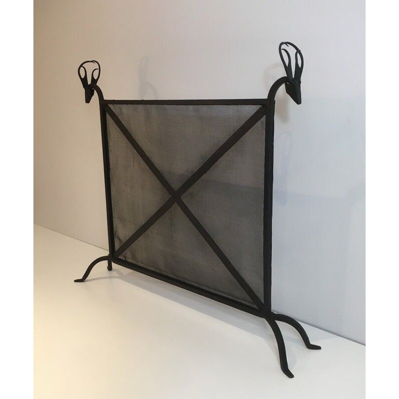 Vintage wrought iron fire screen with deer heads, 1950