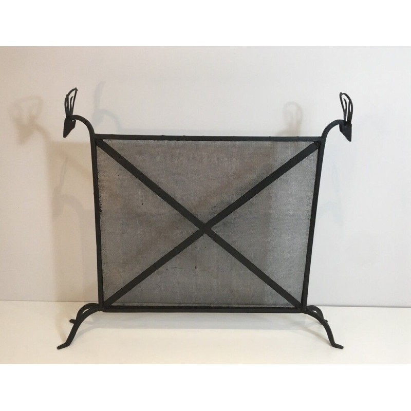 Vintage wrought iron fire screen with deer heads, 1950