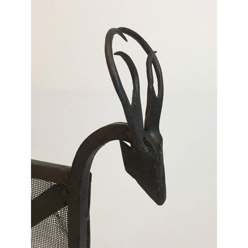 Vintage wrought iron fire screen with deer heads, 1950