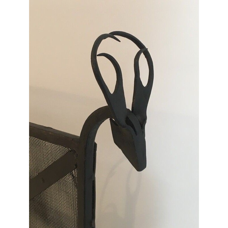 Vintage wrought iron fire screen with deer heads, 1950