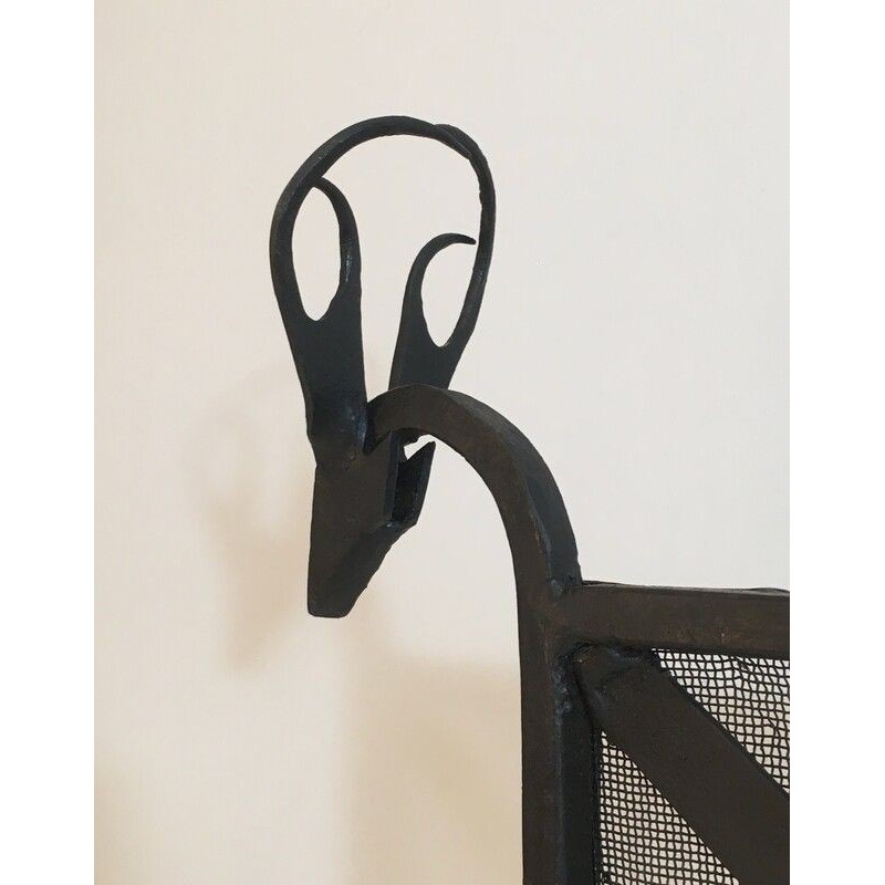 Vintage wrought iron fire screen with deer heads, 1950