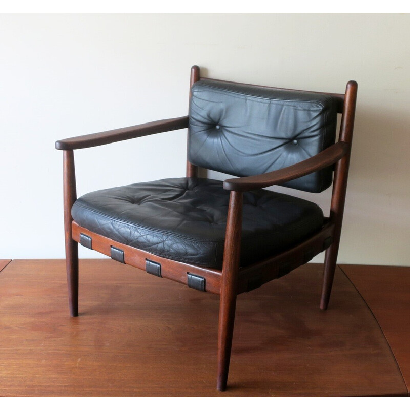 Leather and Teak Safari Lounge Chair Denmark 1960s