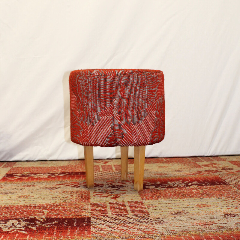 Vintage Eastern Bloc beechwood and fabric pouf, Czechoslovakia 1970