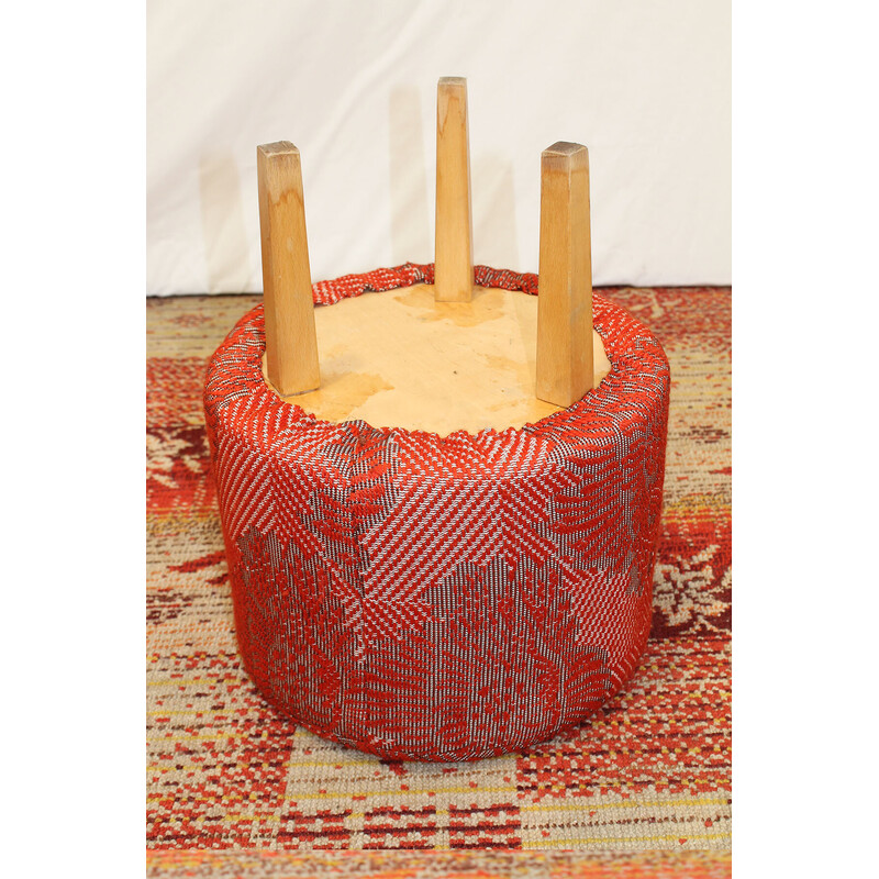 Vintage Eastern Bloc beechwood and fabric pouf, Czechoslovakia 1970