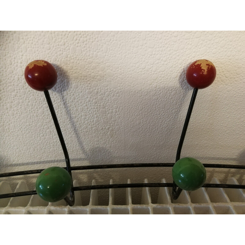 Vintage coat rack in lacquered steel and wooden balls, 1950