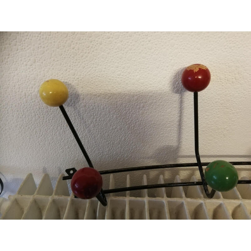 Vintage coat rack in lacquered steel and wooden balls, 1950