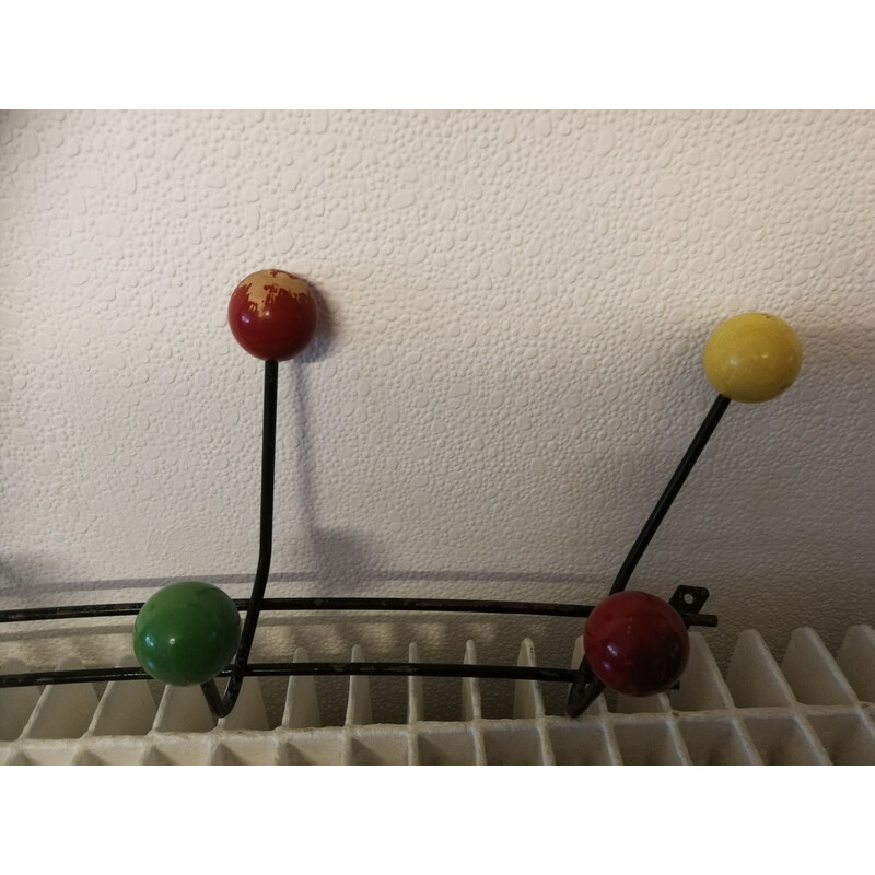 Vintage coat rack in lacquered steel and wooden balls, 1950