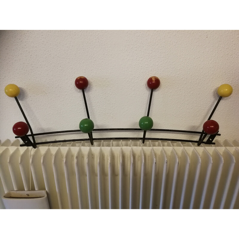 Vintage coat rack in lacquered steel and wooden balls, 1950