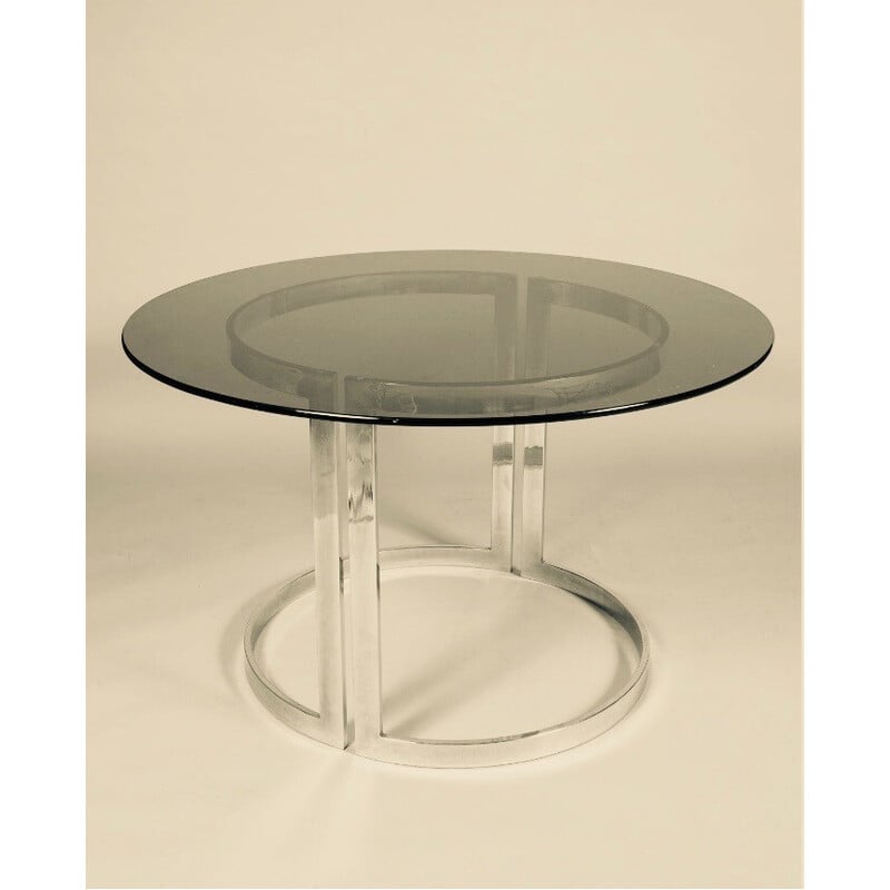 Round vintage table in glass and chrome steel by Vittorio Introini for Saporiti, Italy 1970