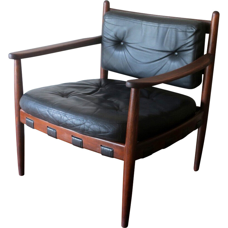 Leather and Teak Safari Lounge Chair Denmark 1960s