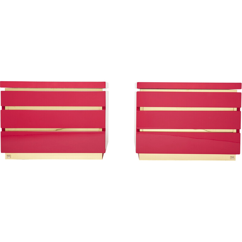 Pair of vintage night stands in pink lacquer and brass by Jean-Claude Mahey, 1970