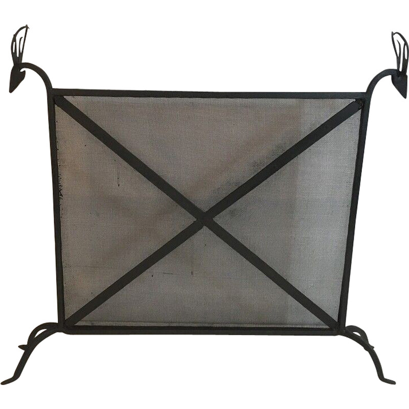 Vintage wrought iron fire screen with deer heads, 1950