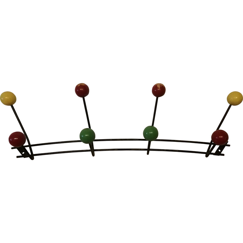 Vintage coat rack in lacquered steel and wooden balls, 1950