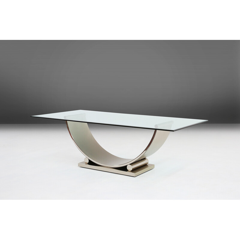 Vintage dining table in brushed stainless steel and glass top by Belgo Chrome
