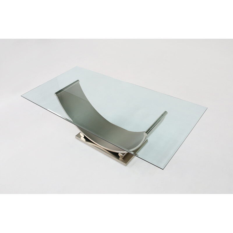Table vintage en acier inoxydable brossé et plateau en verre par Belgo Chrome