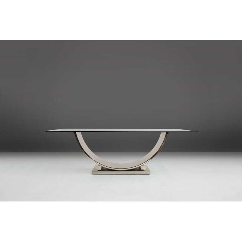 Table vintage en acier inoxydable brossé et plateau en verre par Belgo Chrome