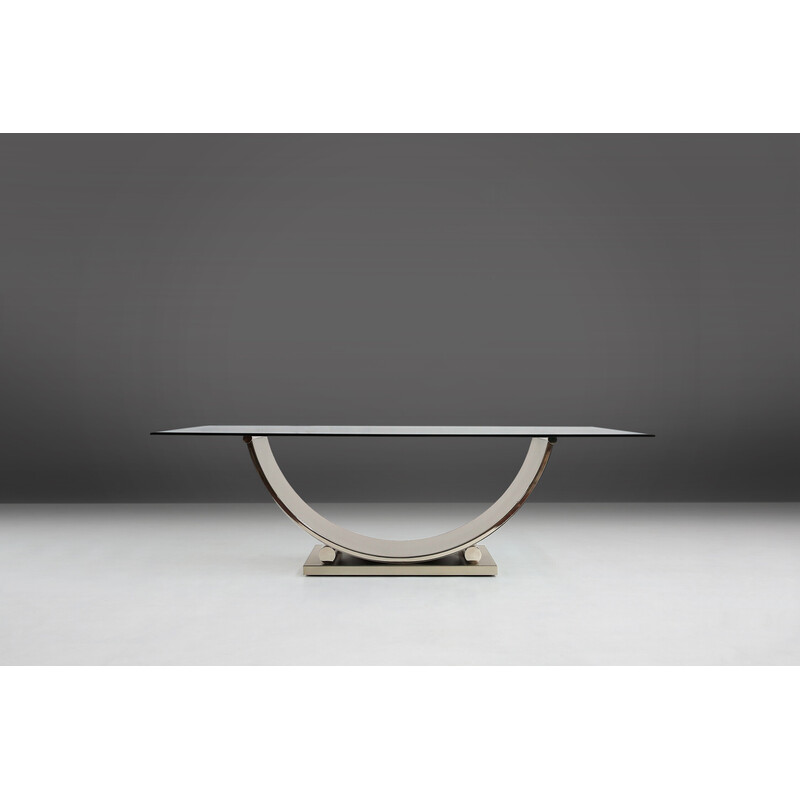 Vintage dining table in brushed stainless steel and glass top by Belgo Chrome