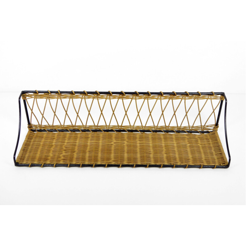 Library shelf in rattan braided on black lacquered metal - 1950s