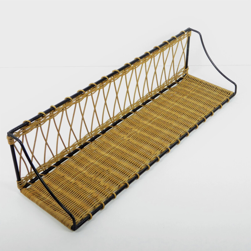 Library shelf in rattan braided on black lacquered metal - 1950s