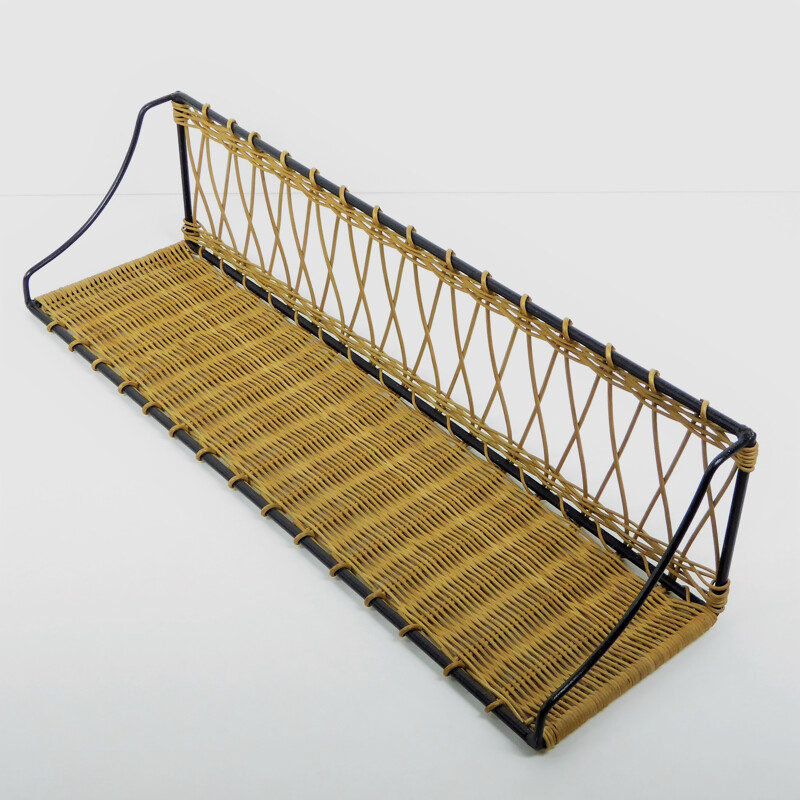 Library shelf in rattan braided on black lacquered metal - 1950s