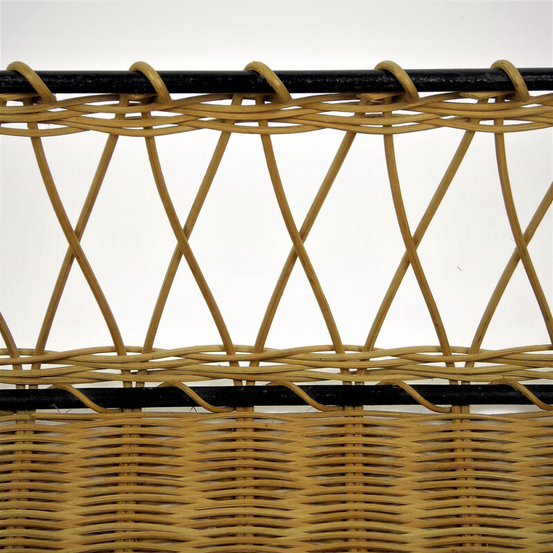 Library shelf in rattan braided on black lacquered metal - 1950s