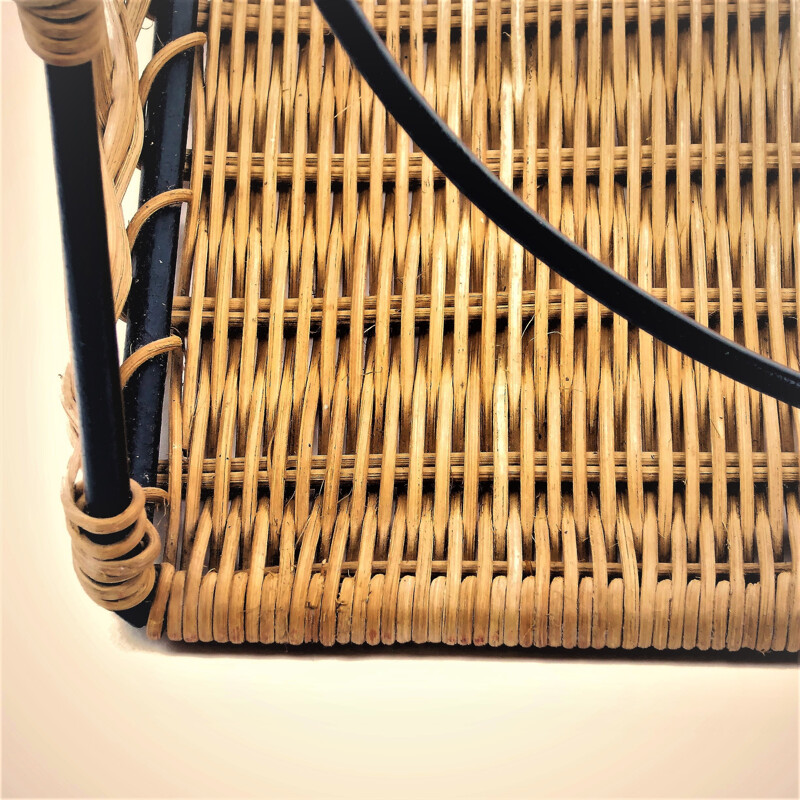 Library shelf in rattan braided on black lacquered metal - 1950s