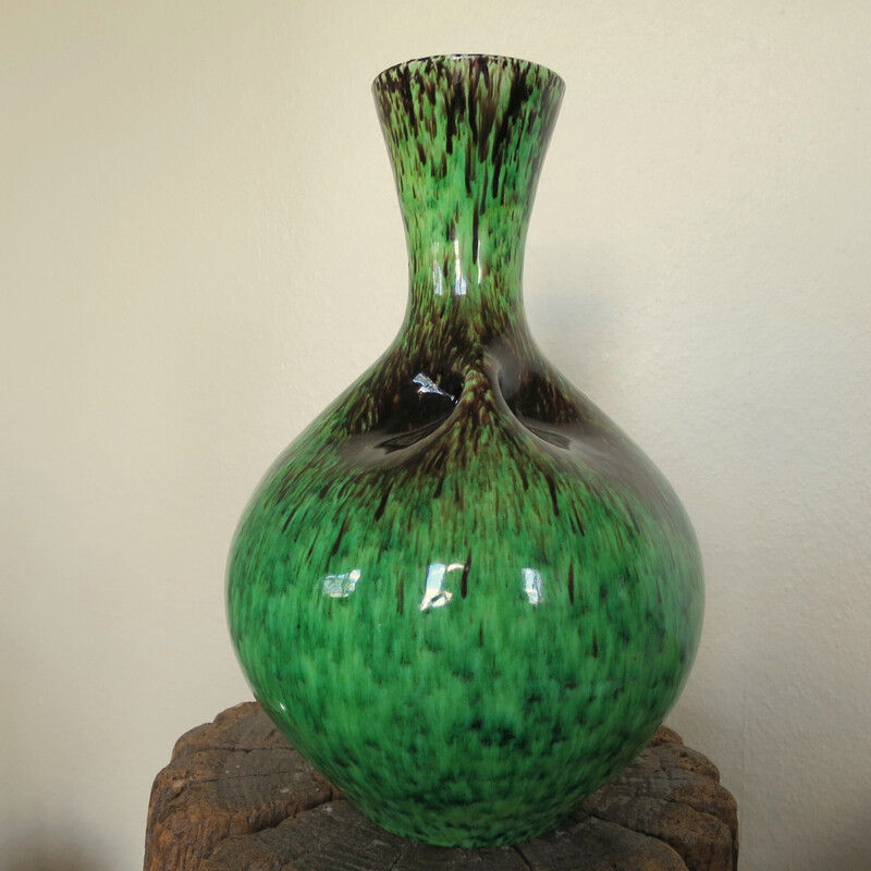Green and brown vintage Accolay ceramic vase, 1950