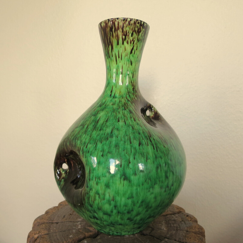 Jarrón vintage de cerámica verde y marrón Accolay, 1950