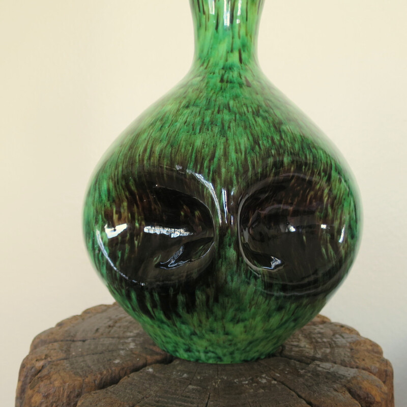 Jarrón vintage de cerámica verde y marrón Accolay, 1950