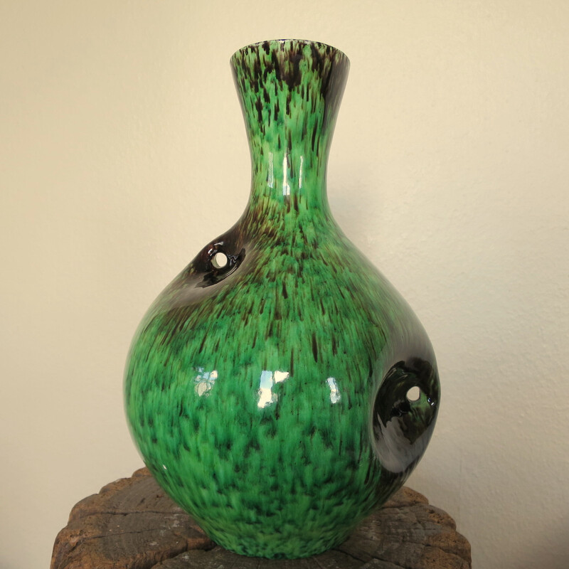 Green and brown vintage Accolay ceramic vase, 1950