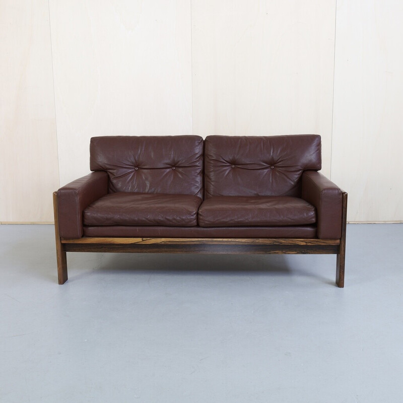 Canapé vintage danois en cuir et palissandre par H. W. Klein pour Bramin, 1970