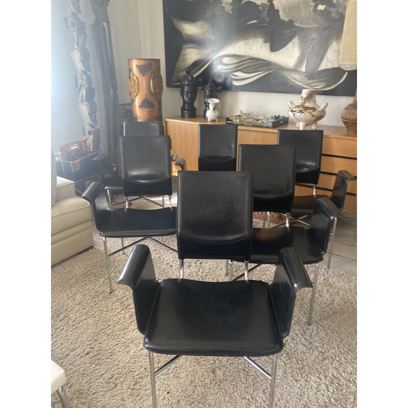 Set of 6 vintage black leather armchairs by Ross Little for Matteo Grasssi, 1980