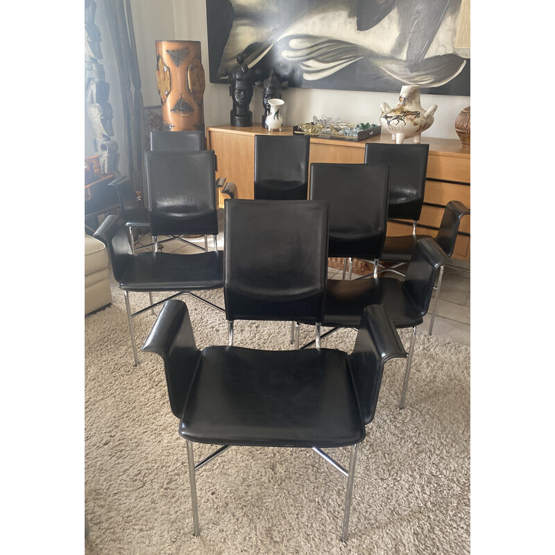 Set of 6 vintage black leather armchairs by Ross Little for Matteo Grasssi, 1980