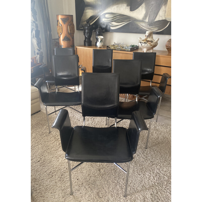 Set van 6 vintage zwart lederen fauteuils van Ross Little voor Matteo Grasssi, 1980