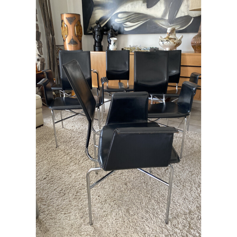 Set of 6 vintage black leather armchairs by Ross Little for Matteo Grasssi, 1980