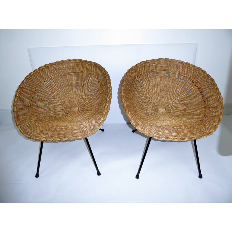 Rattan armchairs in metal rattan in pairs - 1950