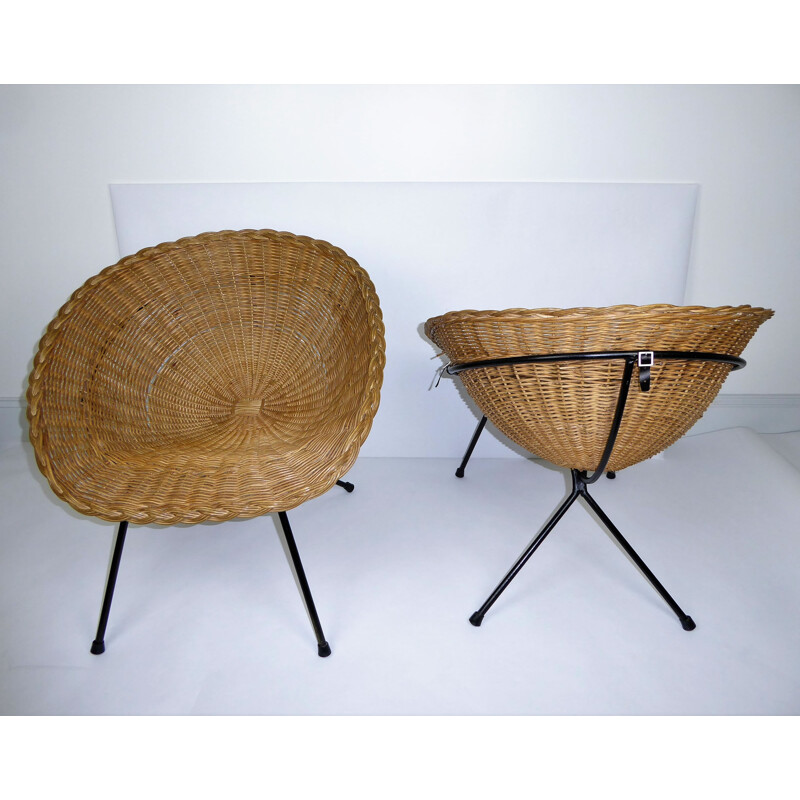 Rattan armchairs in metal rattan in pairs - 1950