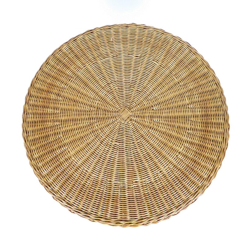 Round pin metal rattan table in black metal - 1950s