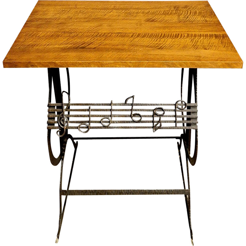 Wrought iron and walnut wood vintage side table